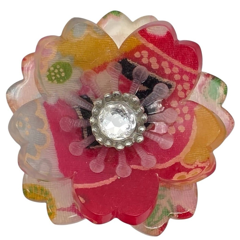 Artisan Acrylic Floral Ring Colorful Resin Bloom Crystal Center One of a Kind